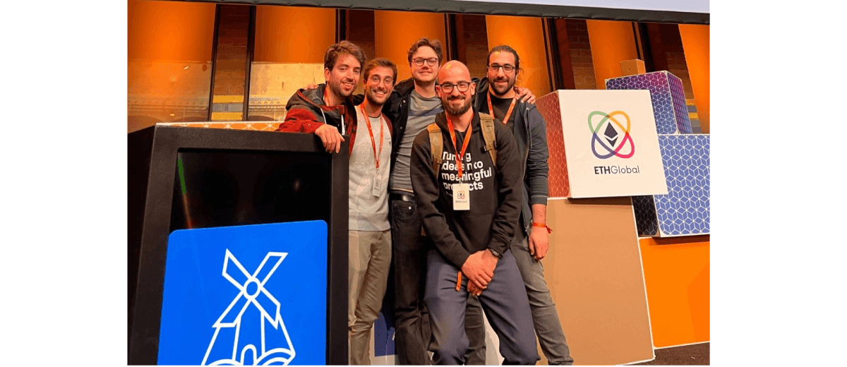 Team on the stage of the ETHAmsterdam as finalists