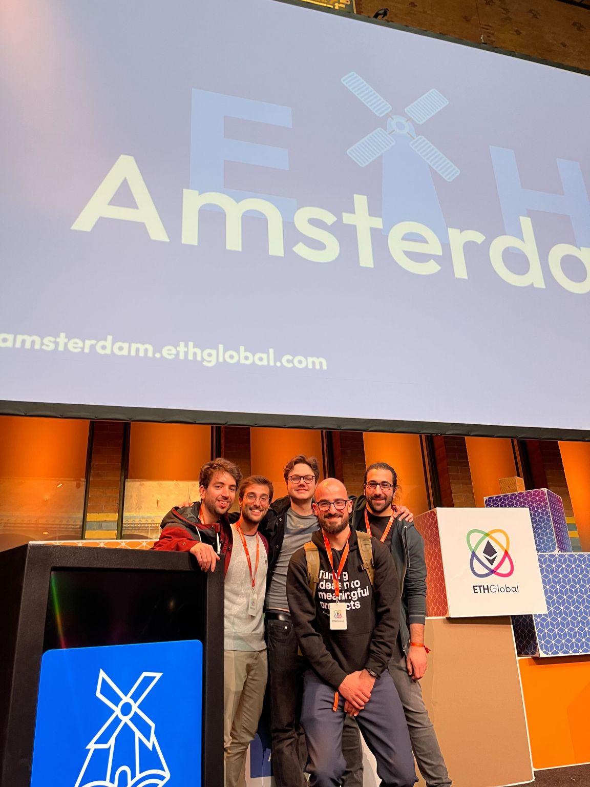 Team on the stage of the ETHAmsterdam as finalists